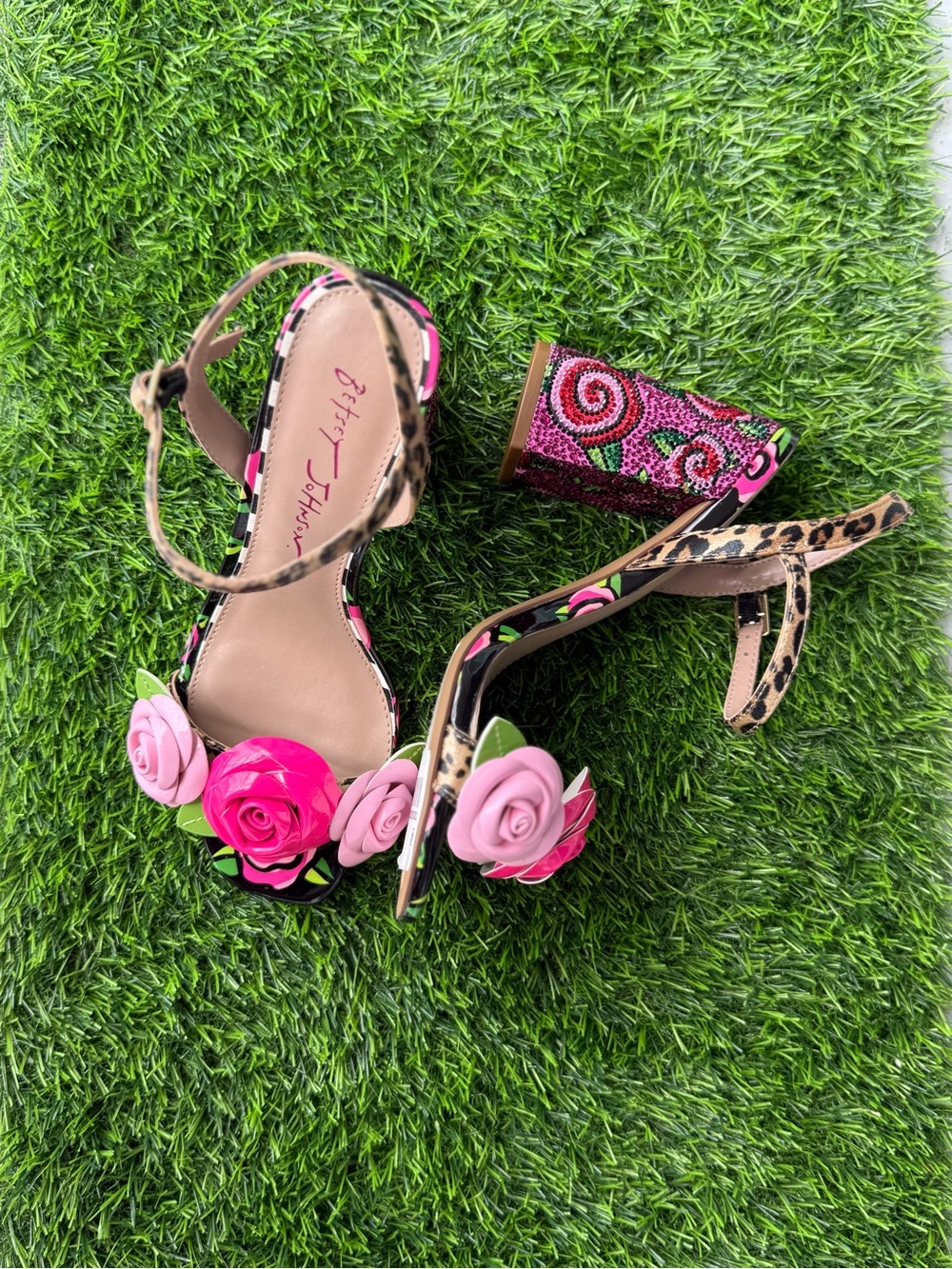Betsey Johnson Pink & Hot Pink Floral Leopard-Trim Heels - Picture 2 of 9
